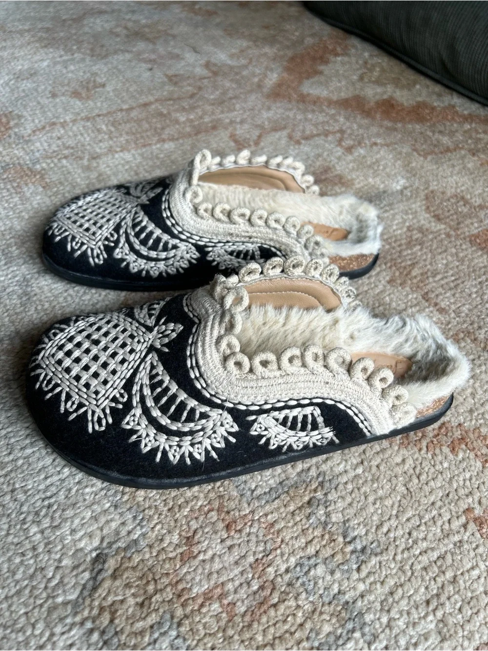 Free People Brown Embroidered Mules Fur Lined Boho Festival Vacation Resortwear